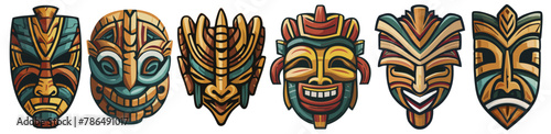 Vibrant and detailed vector illustration set of a colorful tiki mask. Showcasing intricate tribal and traditional polynesian design and craftsmanship. Mythology and folklore