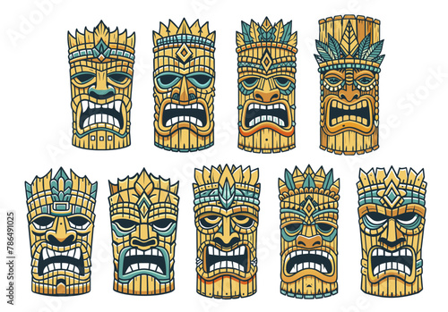 Exotic set of polynesian tiki mask illustration: vibrant tribal hawaiian vector artwork with traditional wood carving and ancient ritualistic symbolism