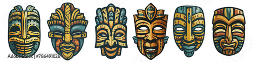 Exotic traditional tiki mask set. Illustration showcasing polynesian tribal art and ancient hawaiian culture in a decorative wood carving artwork with symbolic spiritual and ceremonial elements