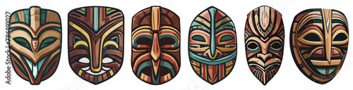 Exotic and colorful set of vibrant tiki mask illustration representing the ancient and traditional polynesian wood carving craftsmanship and hawaiian culture artistic design