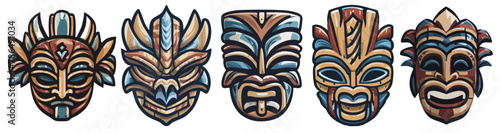 Exotic set of hand-drawn vibrant tiki mask illustration, depicting traditional polynesian tribal culture and folklore in a vector artwork design for ceremonial decoration and tourism purposes