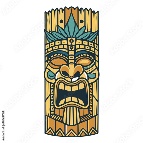 Colorful and detailed traditional tiki mask illustration with vibrant polynesian and hawaiian tribal artistic design and exotic carved wood craftsmanship