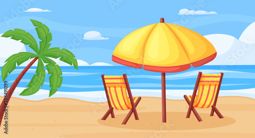 Beach deck chairs and sun protect umbrella on ocean coast. Recreation and seasonal summer rest. Tropical exotic resort, palm tree, nowaday vector scene