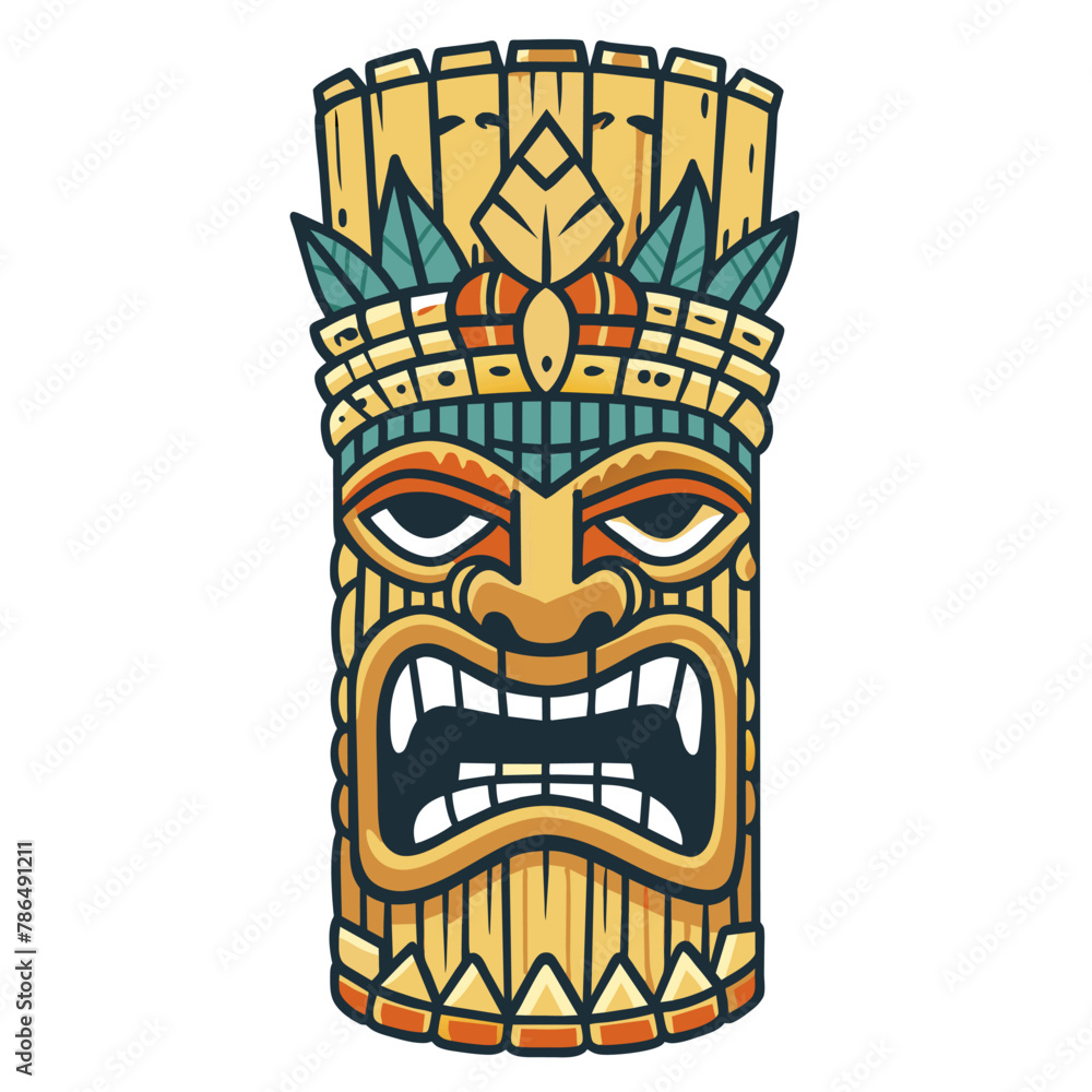 Obraz premium Detailed vector illustration of vibrant tiki mask, showcasing traditional polynesian wood carving art, tribal culture, and exotic island motifs