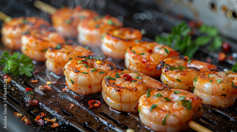 Close-up of grilled shrimp on skewers with garnishes atop Close-up of grilled shrimp on skewers with garnishes atop