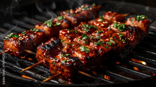  A tight shot of a grill displaying skewered meats smothered in sauce, garnished with parsley