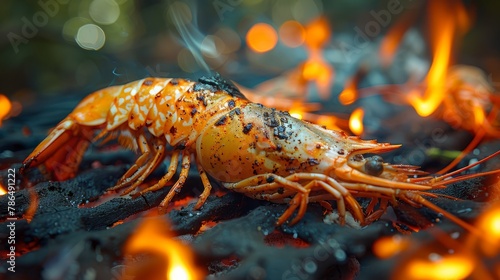  A tight shot of a shrimp on a fiery bed, surrounded by blurred background lights