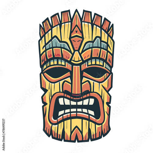Vibrant and detailed illustration of a traditional polynesian tiki mask. Reflecting the rich and colorful heritage of hawaiian culture. With hand-drawn tribal designs and intricate carvings