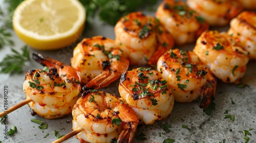  A tight shot of shrimp skewers on a plate, lemon wedge and parsley nearby