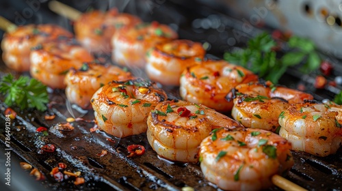 Close-up of grilled shrimp on skewers with garnishes atop