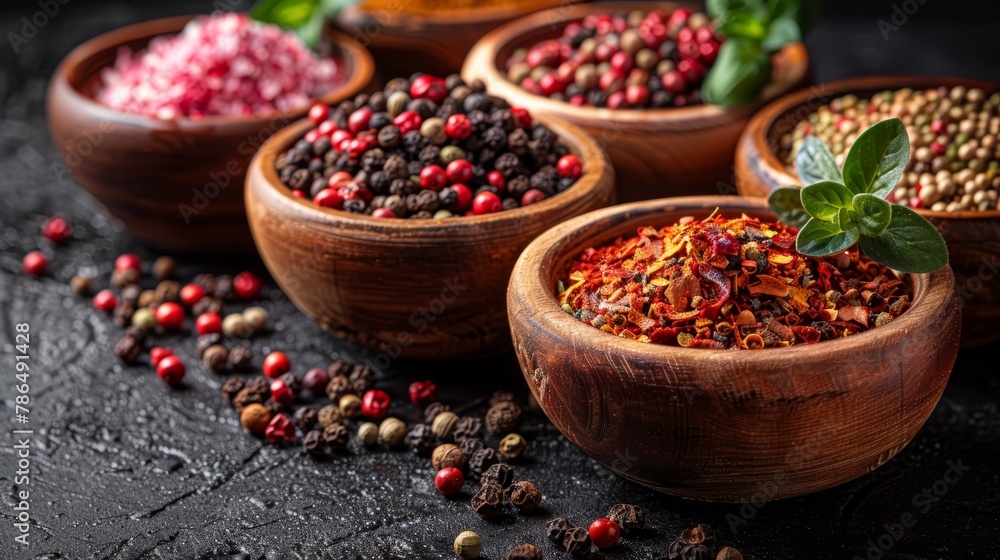 A collection of wooden bowls, each holding distinct spices and seasonings, arranged on a black surface A collection of wooden bowls, each holding distinct spices and seasonings, arranged on a black surface