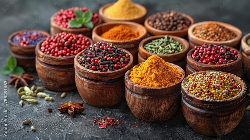   A collection of wooden bowls, each brimming with various spices and seasonings, sits atop a black countertop