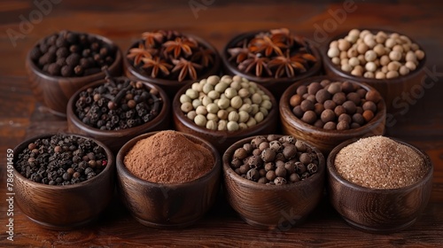  A collection of wooden bowls, each holding various spices, aligns on a wooden table