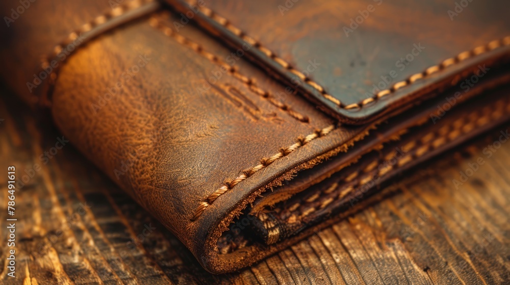 A brown leather wallet sits atop a wooden table, nearby are two pairs of scissors A brown leather wallet sits atop a wooden table, nearby are two pairs of scissors