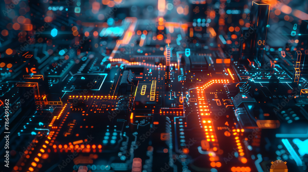 Vibrant Futuristic Circuit Board with Glowing Blue and Orange Lights for Tech Concepts