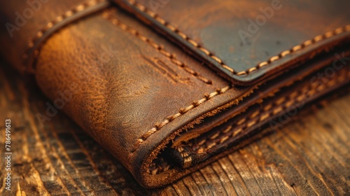  A brown leather wallet sits atop a wooden table, nearby are two pairs of scissors