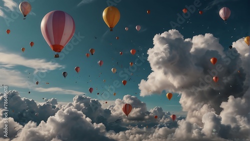 Upbeat Birthday Sky: A vibrant scene filled with colorful balloons soaring in a blue sky, evoking joy, celebration, and love