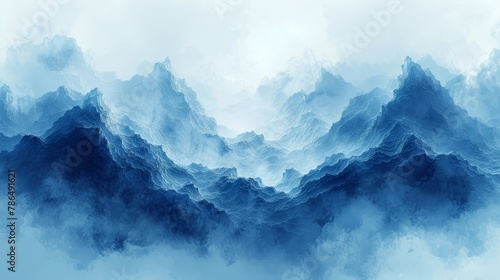   A blue-and-white painting of mountain ranges, clouds in the foreground, and a blue sky in the background photo