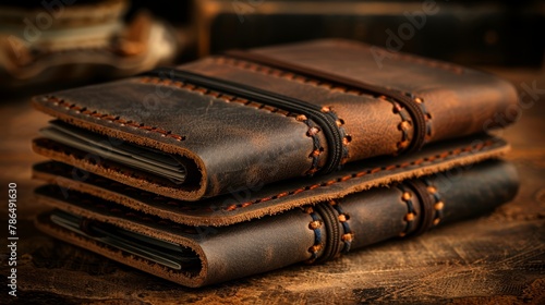   Three brown leather notebooks stacked on a wooden table, nearby sits a bottle of wine photo