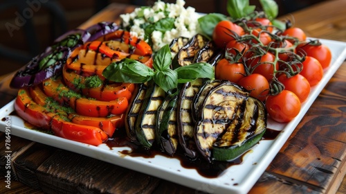 Grilled vegetables with eggplant, tomato, zucchini and basil