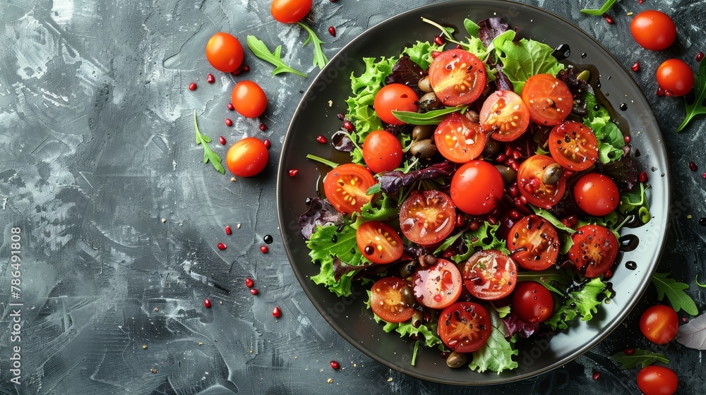tomatoes, lettuce, and red pepper sprinkles on a gray backdrop tomatoes, lettuce, and red pepper sprinkles on a gray backdrop