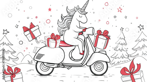 The unicorn isolated carrying Christmas gifts on moped. 