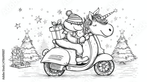 The unicorn isolated carrying Christmas gifts on moped. 
