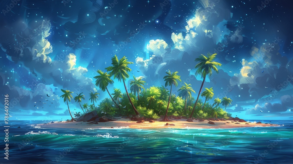   A painting of a tropical island, centered in the vast ocean, adorned with palm trees - obrazy, fototapety, plakaty 