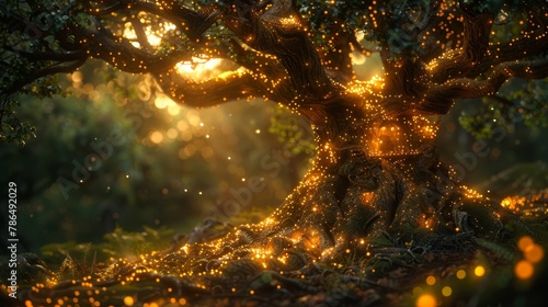   A radiant tree, aglow in the heart of the forest, emits lights from its leaves and branches photo