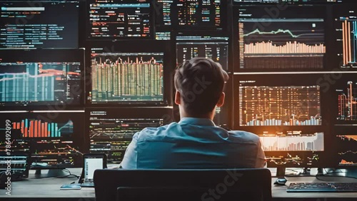 Young Investor Analyzing Cryptocurrency Trends On Laptop, Tablet and Monitors Aiming For Profit Breaking Resistance Highrisk Investing Positive Market Trends photo