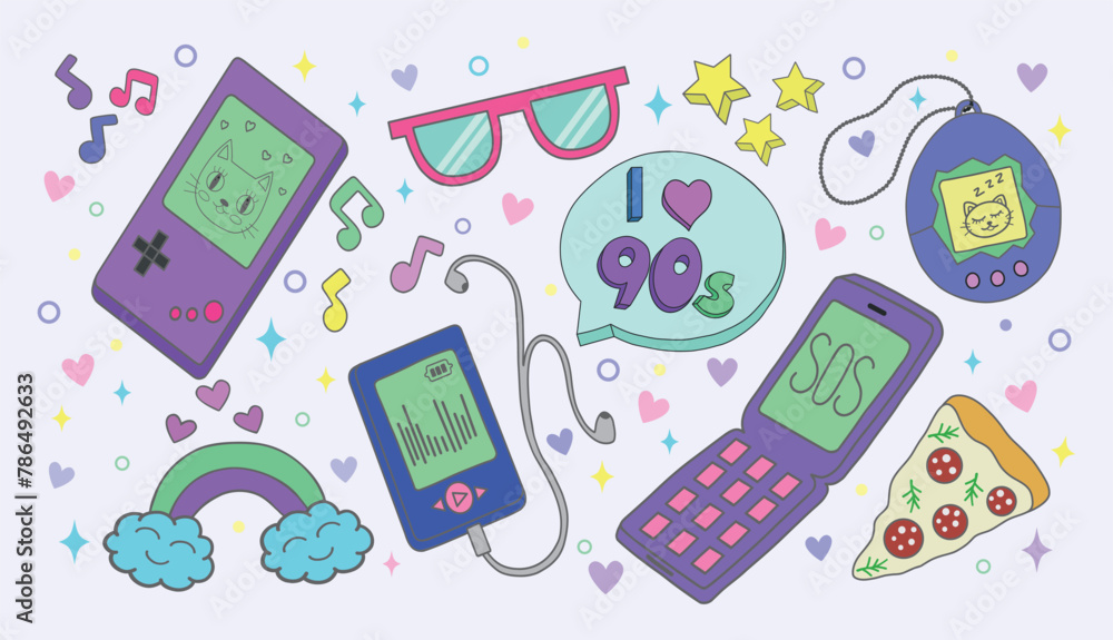 Retro Talking A vector set of retro elements depicting a player, game console, hearts ...