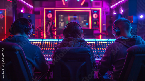 Group of music producer, neon-lit studio