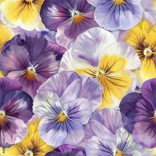 3D seamless Watercolor pansy  in shades of purple  yellow  and white