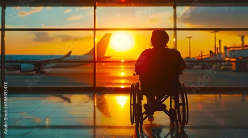 Silhouette of a person in a wheelchair at the airport, facing sunset. Inspirational travel scene with a hopeful mood. Inclusive travel imagery. AI