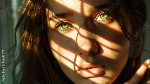 Close up of a woman with green eyes  sunlight coming through a window  creating a shadow on her face.