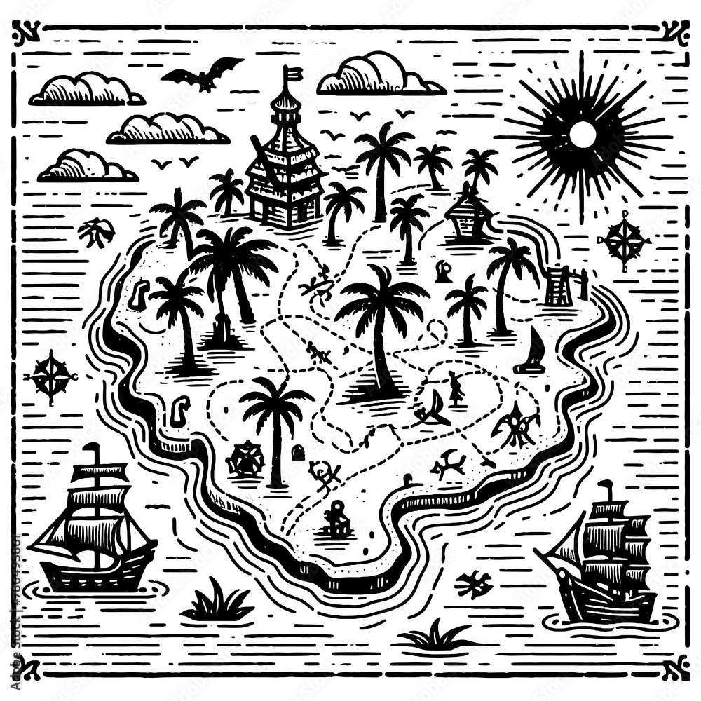 classic pirate treasure map featuring sailing ships, palm trees, and compass roses sketch engraving generative ai PNG illustration. Scratch board imitation. Black and white image. classic pirate treasure map featuring sailing ships, palm trees, and compass roses sketch engraving generative ai PNG illustration. Scratch board imitation. Black and white image.
