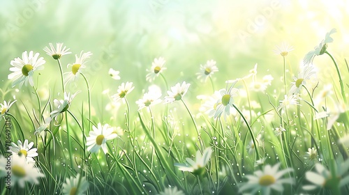 Chamomile field flowers border. Beautiful nature scene with blooming medical chamomille 