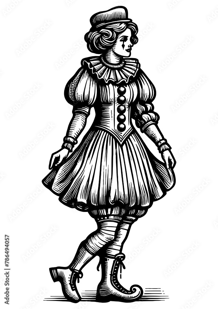 vintage pin-up clown girl wearing a corset and stockings, in a classic pose sketch engraving generative ai fictional character PNG illustration. Scratch board imitation. Black and white image.
