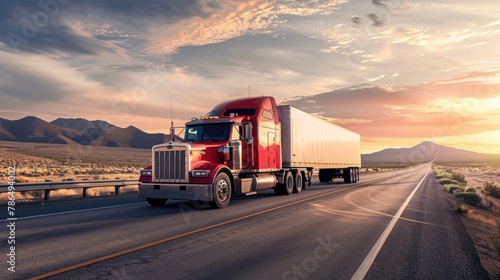 A red semi truck with cargo trailer driving on an open at sunset.