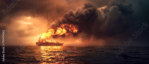 Dramatic Ocean Scene with Burning Ship at Sunset. Fiery Maritime Disaster Artwork. Emergency and Crisis at Sea Concept. AI