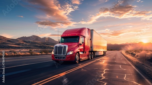 A red semi truck with cargo trailer driving on an open at sunset. photo