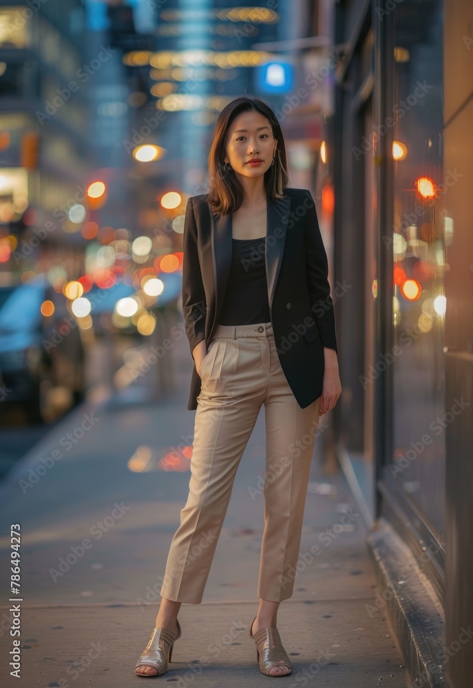 Fototapeta premium A chic city girl portrait with an Asian twist, featuring a tailored blazer, trousers, and heels. 