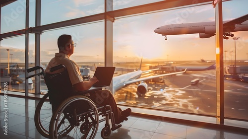 Man in Wheelchair Working on Laptop at Airport, Watching Sunset and Airplane Takeoff. Inspiring Travel Concept. AI photo