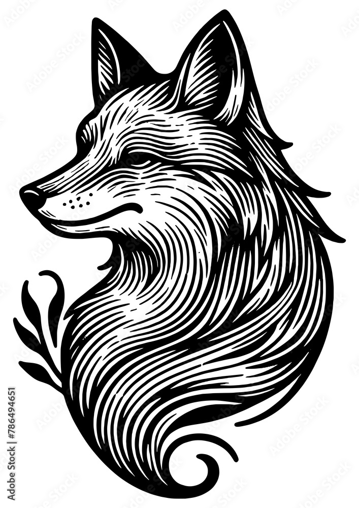 Fototapeta premium fox tattoo profile with stylized fur, capturing the animal's wild and cunning essence sketch engraving generative ai PNG illustration. Scratch board imitation. Black and white image.