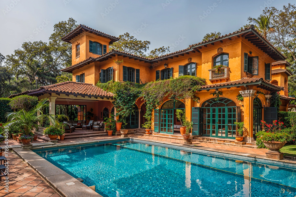 A colonial-style orange villa, surrounded by lush gardens and a shimmering pool A colonial-style orange villa, surrounded by lush gardens and a shimmering pool