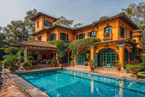 A colonial-style orange villa, surrounded by lush gardens and a shimmering pool
