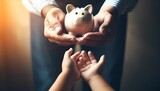 father’s hand giving a piggy bank to his kid  for Child learning financial responsibility Concept of financial education and savings
