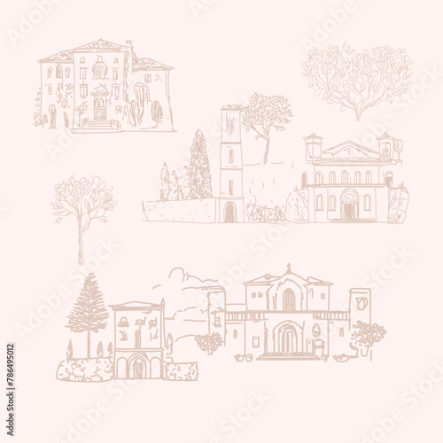 Tuscan Villa or Provence rough sketched abstract 