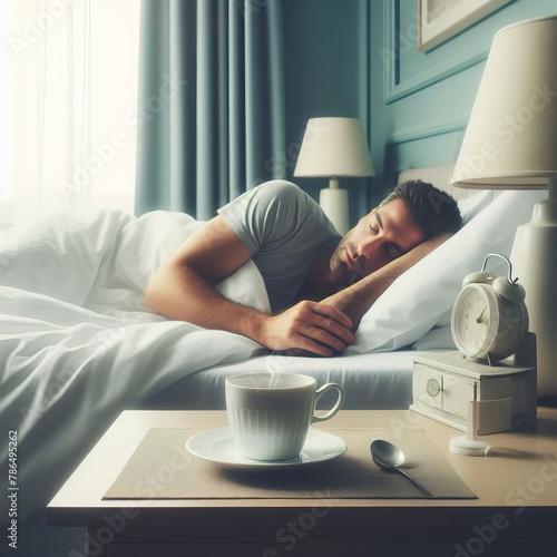 A cup of hot coffee on the bedside table near the sleeping man. Coffee in bed photo