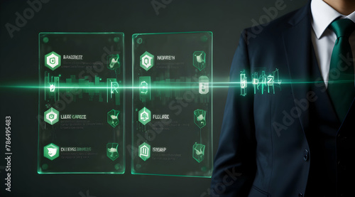 Cute Business Man Double Exposure with Green Milestone A Card Marking the Green Milestones in Logistics with a Timeline of Achievements and Future Goals in Business Double Exposure with Natural Theme